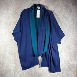 Chico's Wrap Womens One Size Blue Reversible Shawl Poncho Ruana Cotton Blend NEW